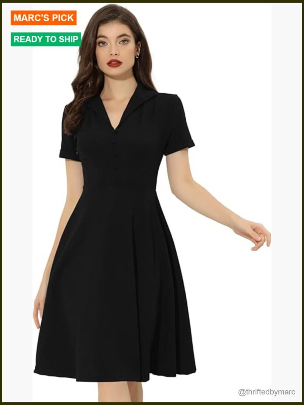 Vintage 1950s Fit and Flare Dress with Flat Collar and Short Sleeves